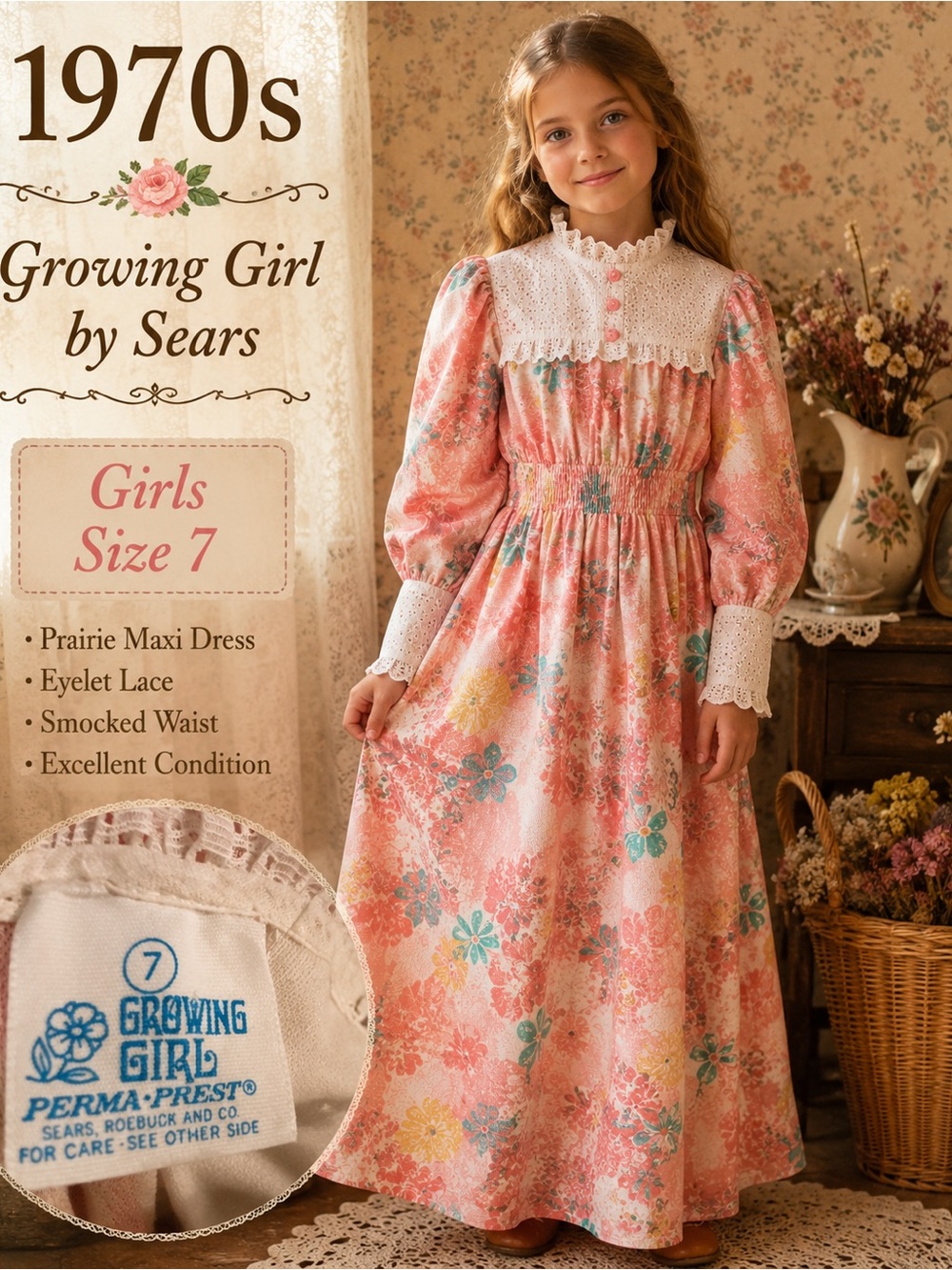 Vintage 1970s Sears Prairie Maxi Dress Girls Size 7 Cottagecore Floral